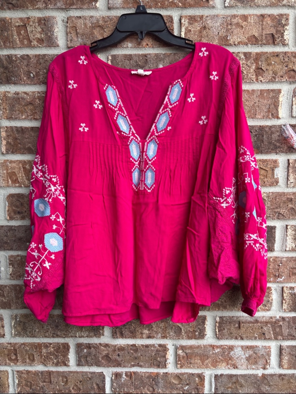 Easel Embroidered Boho Peasant Top - Pink - Picture 2 of 8